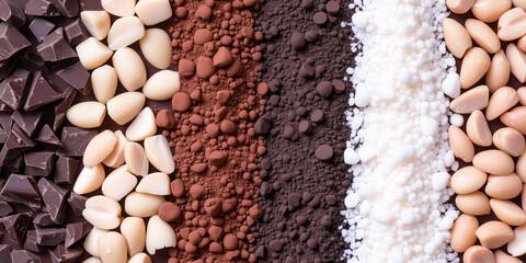 Dégradé de texture et de couleurs : amandes, cacao en poudre clair, cacao de chocolat à 100%,...