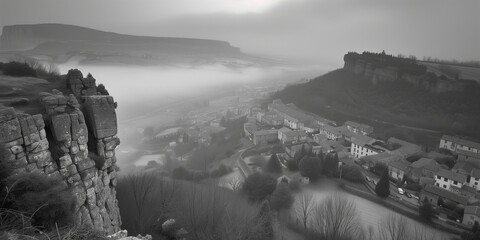 Paysage en noir et blanc d'une ville minière près d'une falaise plongée dans la brume d'automne