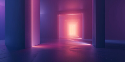 Pièce abstraite en monochrome de violet jusqu'au centre orange clair, couloirs en enfilade