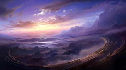 Foto op Plexiglas Fantasy landscape with sea and mountains at sunrise © Lohan