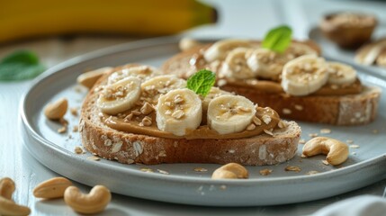 Toast Layered with Nut Butter, Banana Slices, and Cashews, Captured in Close-Up on a White Background - obrazy, fototapety, plakaty