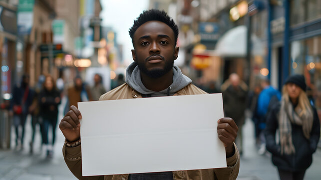 Black man holding showing blank white empty paper board frame billboard sign on street for message ad advertising with copy space for text, protest protesting concept