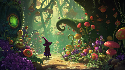 Fantasy landscape with fantasy forest and magic mushroom