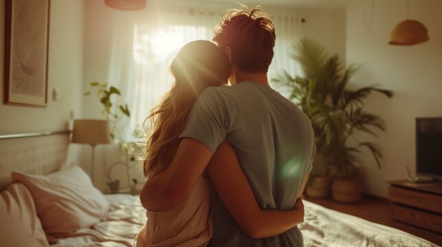 Morning Embrace - A Loving Caucasian Couple in Casual Attire Shares a Warm Hug, Welcoming a New Day in Their Bright Bedroom