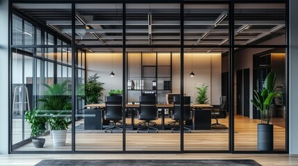 A Black Aluminium-Framed Glass Door Elevates the Wall Background of an Office Building