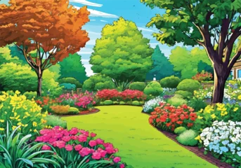 Fotobehang Garden landscape with vibrant flowers and greenery: Animation Vector illustration. Sunny courtyard area with Flowers and grass.   © artistry