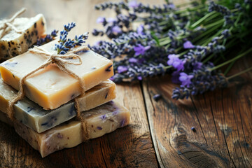 Handmade lavender soap bars with fresh flowers on a rustic wooden table background, natural...
