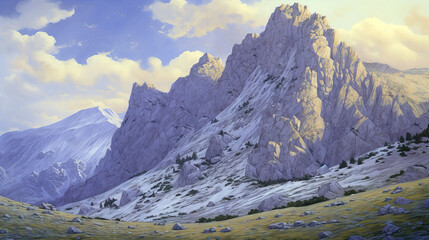 Obraz premium Mountain landscape at sunrise, with blue sky and clouds 