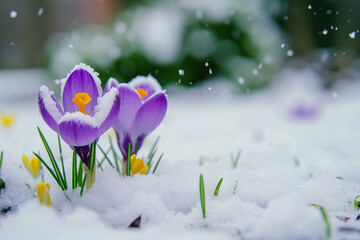 Spring flowers growing from under the snow