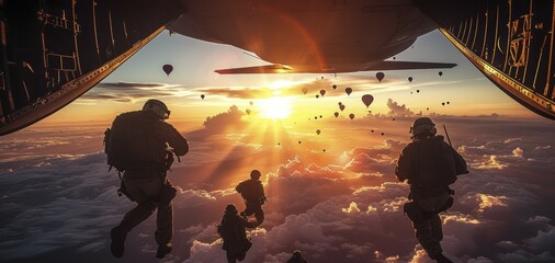 Elite Army Soldiers and Paratroopers Embark on an Airborne Operation, Descending from an Air Force C-130