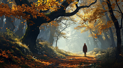 A person walking in the autumn forest