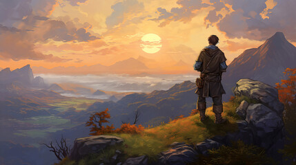 Rear view of a medieval man standing on the edge of a cliff and looking at the sunset