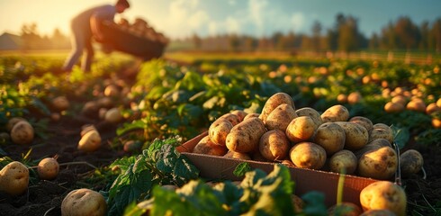 A Farmer Gathers Potatoes in the Field, Boxed Fresh Amidst the Earth, Signifying Peak Harvest Time at the Farm - obrazy, fototapety, plakaty