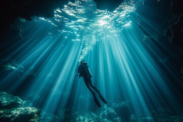 A diver is engulfed in sunbeams underwater, exploring an aquatic world where light and life cascade in a tranquil underwater ballet.

