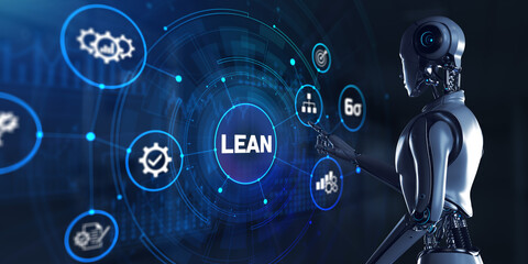 Fototapeta premium Lean manufacturing development concept. Robot pressing button on screen 3d render.