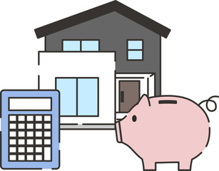 家と貯金箱と電卓のイラスト