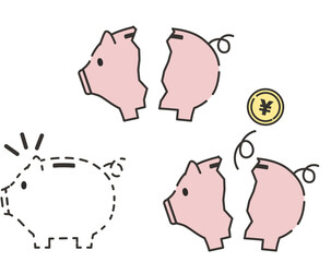 Broken piggy bank icon set – savings loss, money crisis, financial trouble illustration