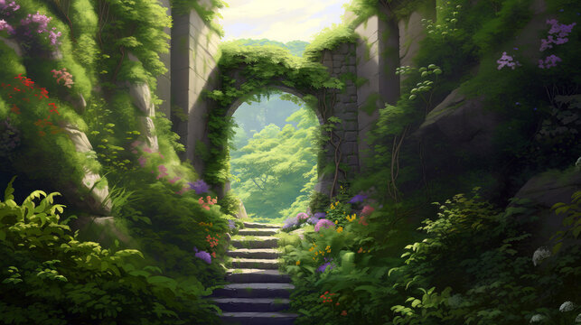 Digital painting of a green forest with stairs and flowers in the foreground