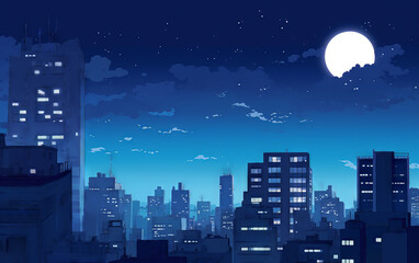 Cityscape at night with full moon. Vector illustration