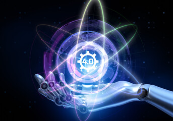 Industry 4.0 Smart manufacturing lean business innovation technology concept. Robot hand pressing button 3d render.