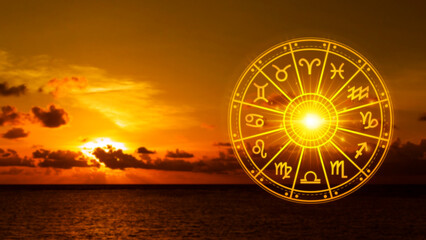 Concept of astrology and horoscope, person inside a zodiac sign wheel, Astrological zodiac signs...