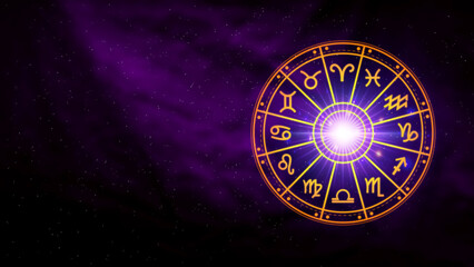 Concept of astrology and horoscope, person inside a zodiac sign wheel, Astrological zodiac signs inside of horoscope circle, Astrology, knowledge of stars in the sky, power of the universe concept.