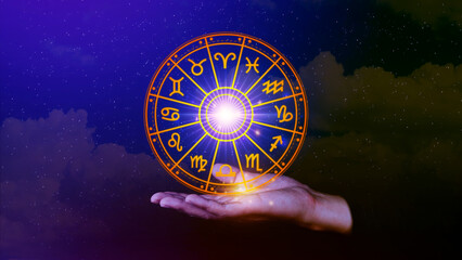 Concept of astrology and horoscope, person inside a zodiac sign wheel, Astrological zodiac signs inside of horoscope circle, Astrology, knowledge of stars in the sky, power of the universe concept.