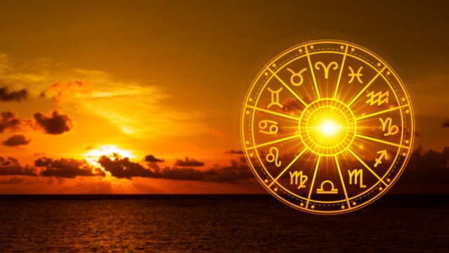 Concept of astrology and horoscope, person inside a zodiac sign wheel, Astrological zodiac signs inside of horoscope circle, Astrology, knowledge of stars in the sky, power of the universe concept.