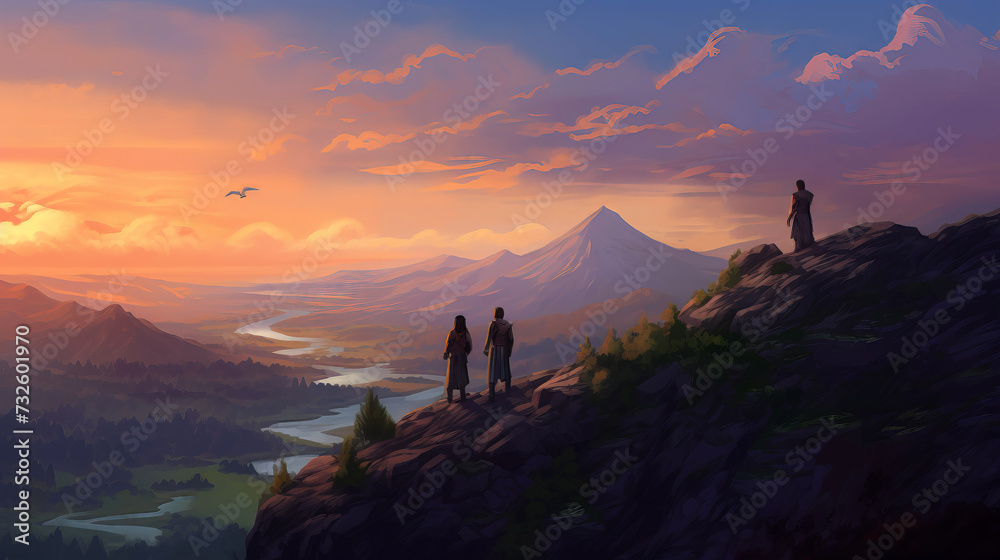 Canvas Prints Two silhouettes standing on the top of the mountain and looking at the panorama