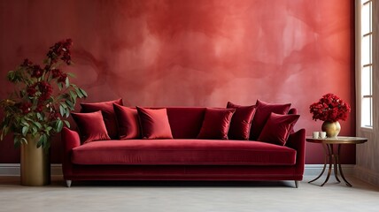 Interior of modern living room with red sofa.