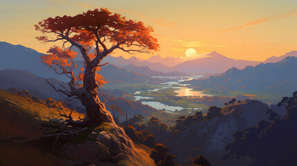 Fantasy landscape with a lonely tree in the mountains