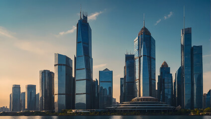 Cityscape image of a smart city's skyline, a cutting-edge financial district with reflective skyscrapers, and a warm blue background bathed in the soft glow of sunlight.