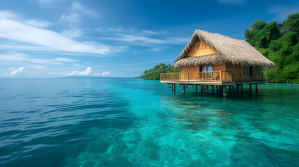 A tropical island with a thatched roof hut on stilts in the ocean. The water is crystal clear and blue.