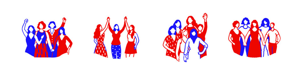 Females stand together, holding hands, supporting each other. Vector minimalistic illustration with faceless characters