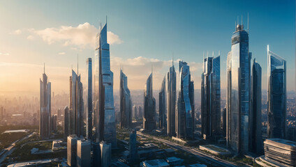 Cityscape image of a technologically advanced metropolis, a futuristic financial center with towering skyscrapers, set against a serene blue background with sunlight streaming through. - obrazy, fototapety, plakaty
