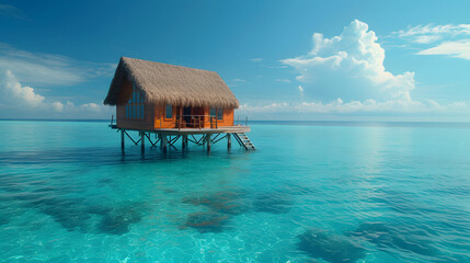 A tropical island with a thatched roof hut on stilts in the ocean. The water is crystal clear and blue.