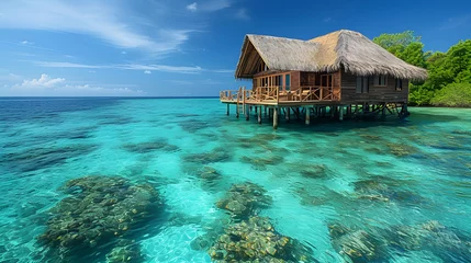 Cercles muraux Turquoise A tropical island with a thatched roof hut on stilts in the ocean. The water is crystal clear and blue.