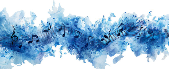 Blue watercolor splash with flowing black musical notes, isolated on a white background