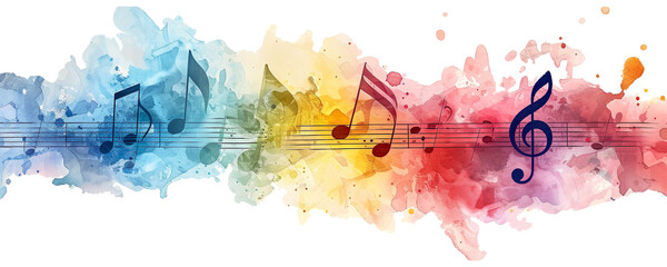 Watercolor splashes with fluid, dynamic musical notes, isolated on a white background