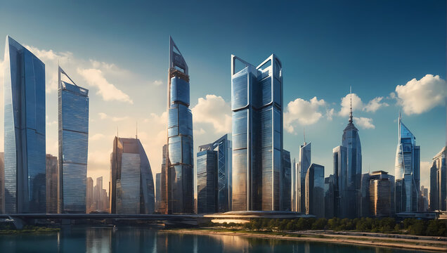 Cityscape photograph featuring the skyline of a smart city, a futuristic financial district with sleek skyscrapers, set against a warm blue background infused with sunlight.