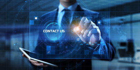 Contact us customer communication concept. Businessman pressing button on screen.