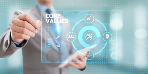 Fototapeta na wymiar Core values Responsibility Innovation. Businessman pressing button on screen.