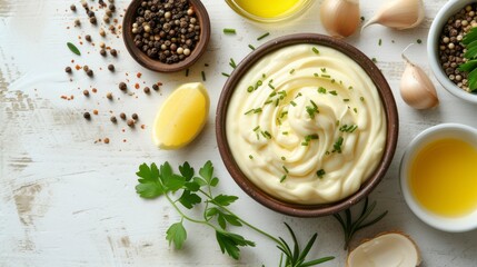 Fresh Mayonnaise Sauce in a Bowl with a Selection of Ingredients on a White Wooden Table