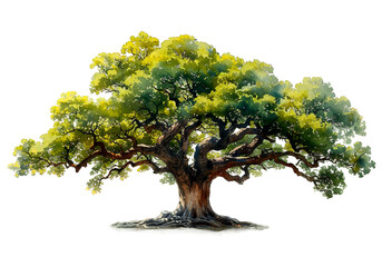  Watercolor painting lush, green tree with a sturdy, twisted trunk and sprawling branches, isolated on a white background