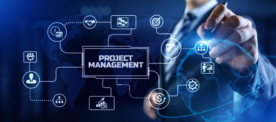 Project management business corporate technology. Businessman pressing button on screen.