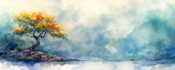 Watercolor painting of vibrant tree amidst a misty mountainous landscape
