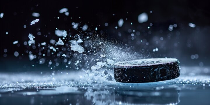 An impressive detail shows a hockey puck in mid-flight, surrounded by ice particles that shine in the freezing atmosphere of the rink. Hockey puck close-up.