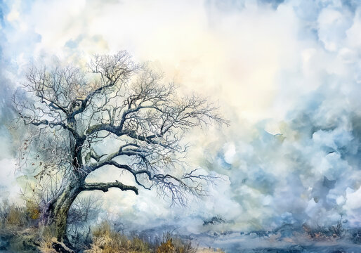 Watercolor painting of misty landscape with a bare tree