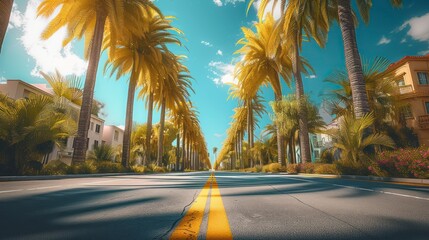 A Street Marked by a Bright Yellow Line, Flanked by Palm Trees on One Side - obrazy, fototapety, plakaty