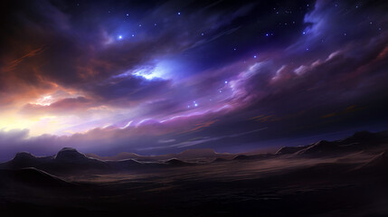 Fantasy alien planet. Mountain and nebula